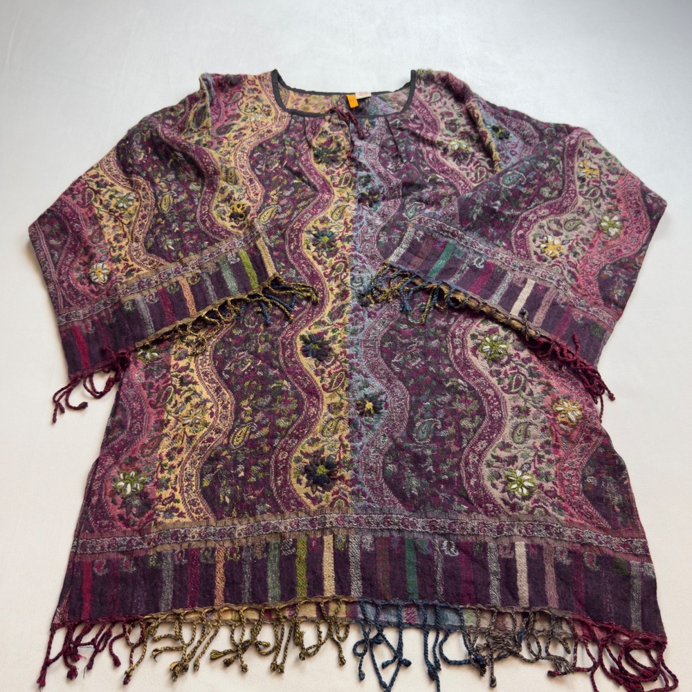 Anu‎ 100% Wool Boho Embroidered Tapestry Jacket Kaftan Coat Women's Lg Lagenlook